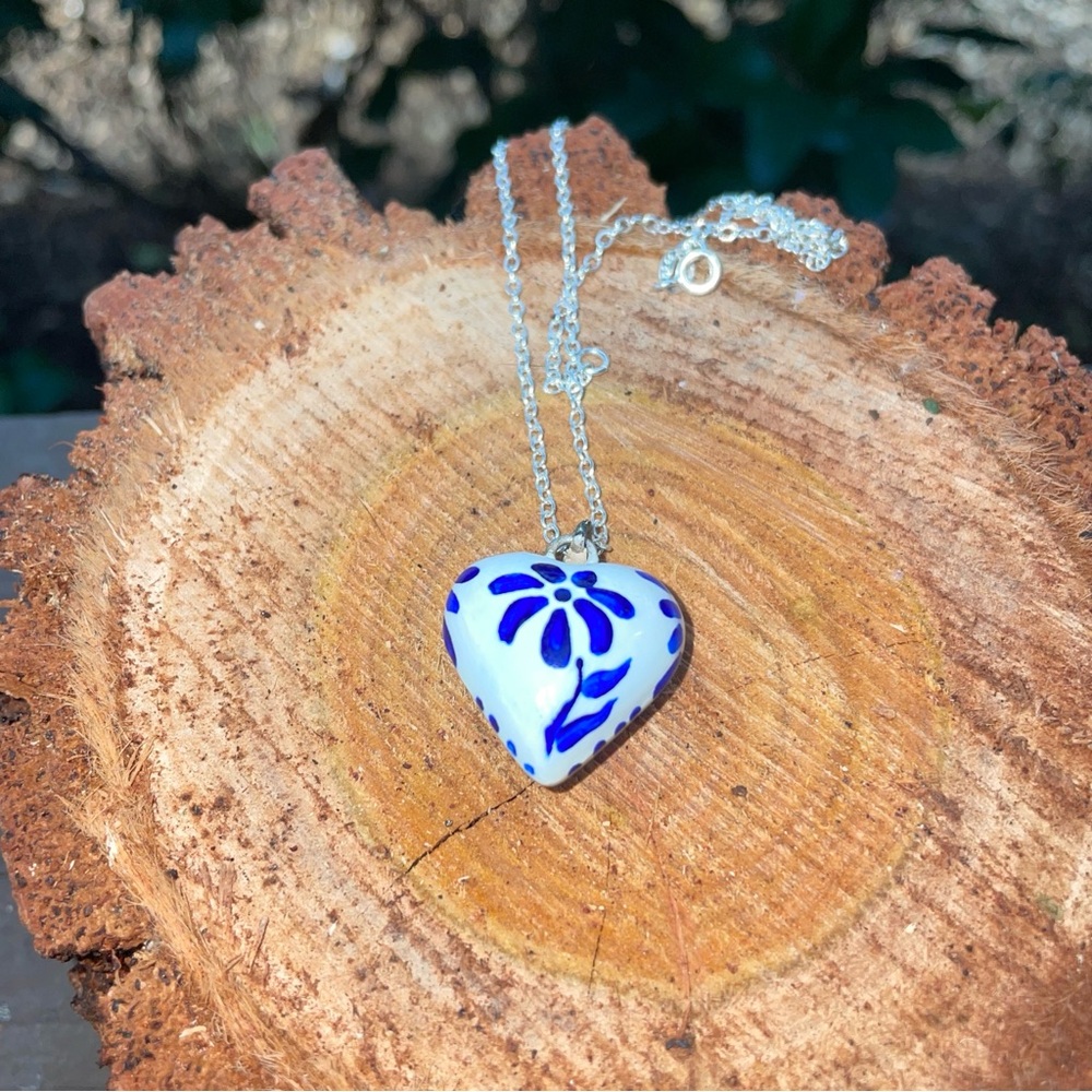Angel caller necklace ~ antique hand painted heart with silver finishes